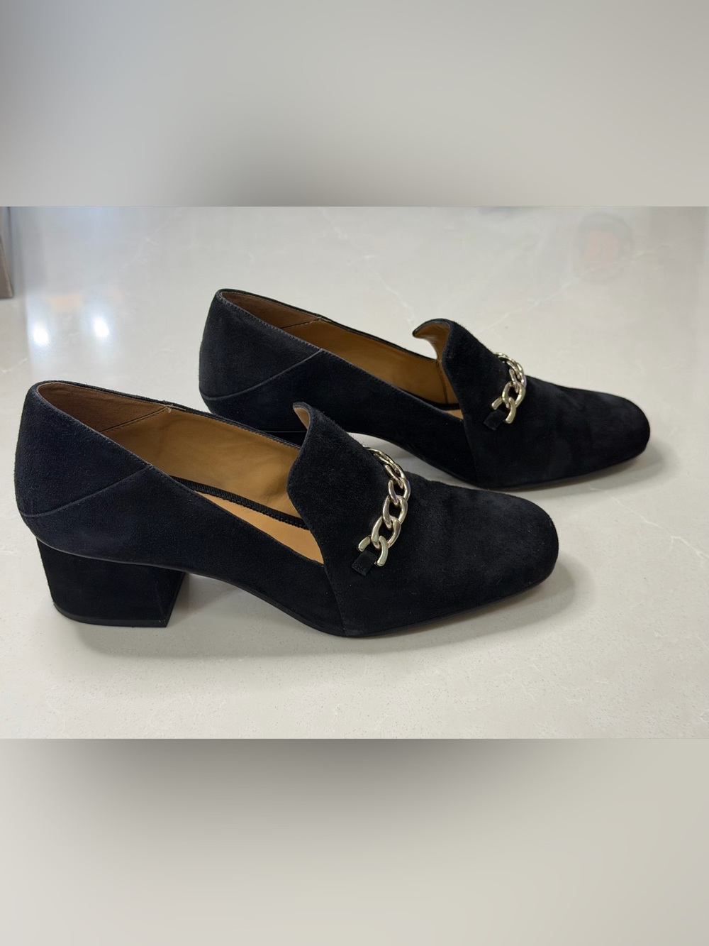 Franco Sarto Layola Black Suede Chain Link Block Heel Loafer Pumps Size 10M